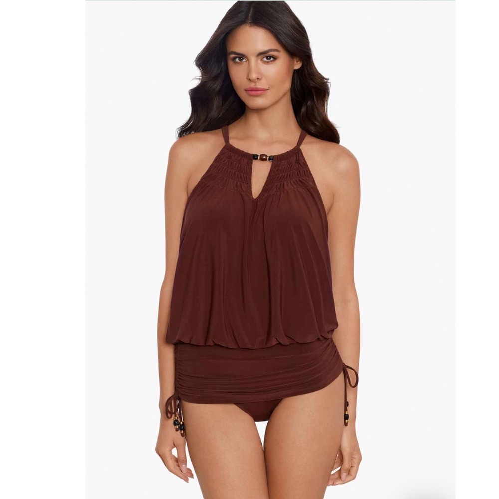 Miraclesuit‎ Chestnut Brown Blouson Tankini Top Tummy Control 6018616 16